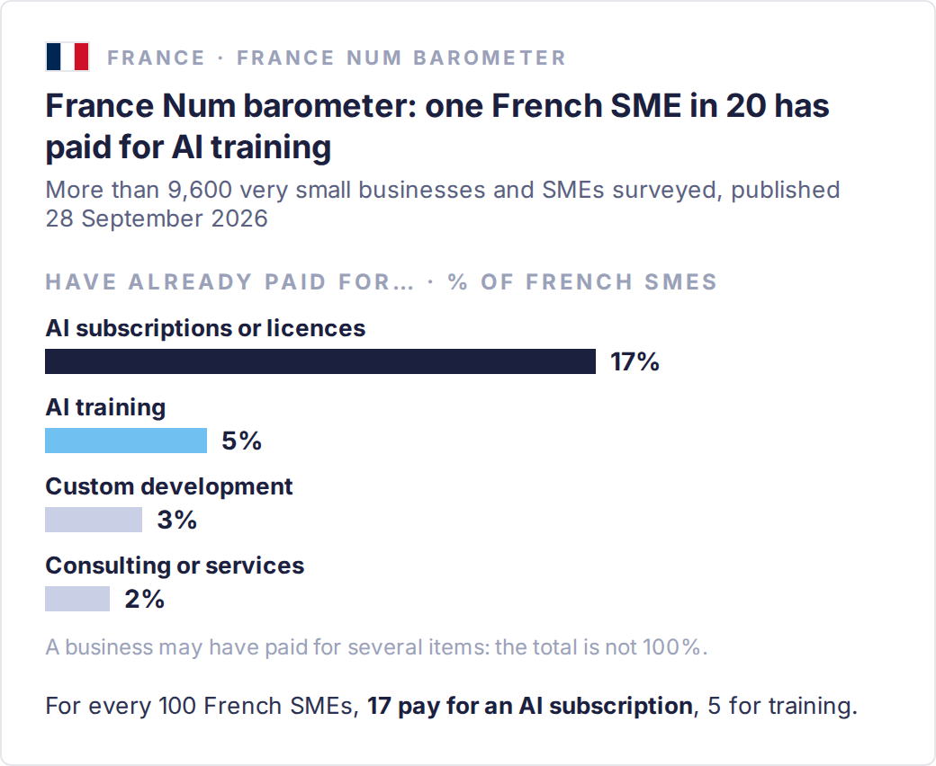 Share of French very small businesses and SMEs that have already paid for each AI-related item (France Num 2026 barometer): subscriptions and licences 17%, training 5%, custom development 3%, consulting and services 2%