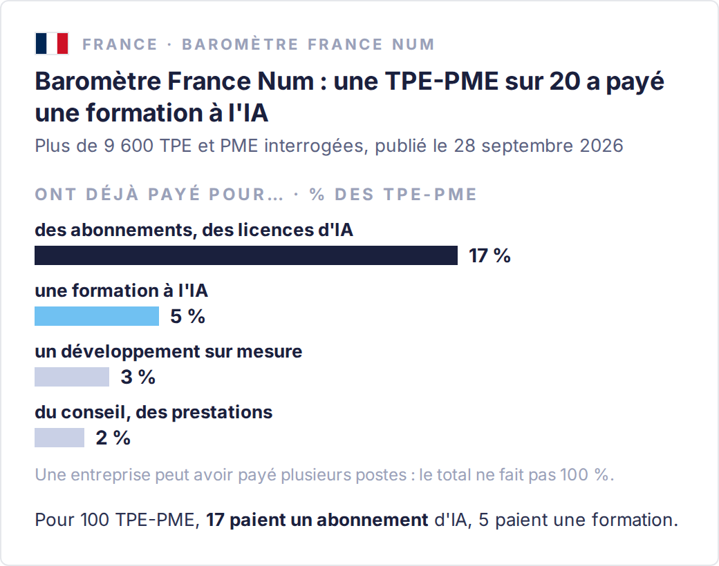 Part des TPE-PME qui ont déjà payé pour chaque poste lié à l'IA (baromètre France Num 2026) : abonnements et licences 17 %, formation 5 %, développement sur mesure 3 %, conseil et prestations 2 %